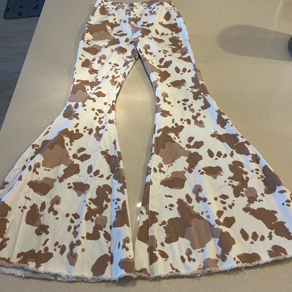 Altar'd State Brown and Cream Cow Patterned Flare Bell Bottom Pants